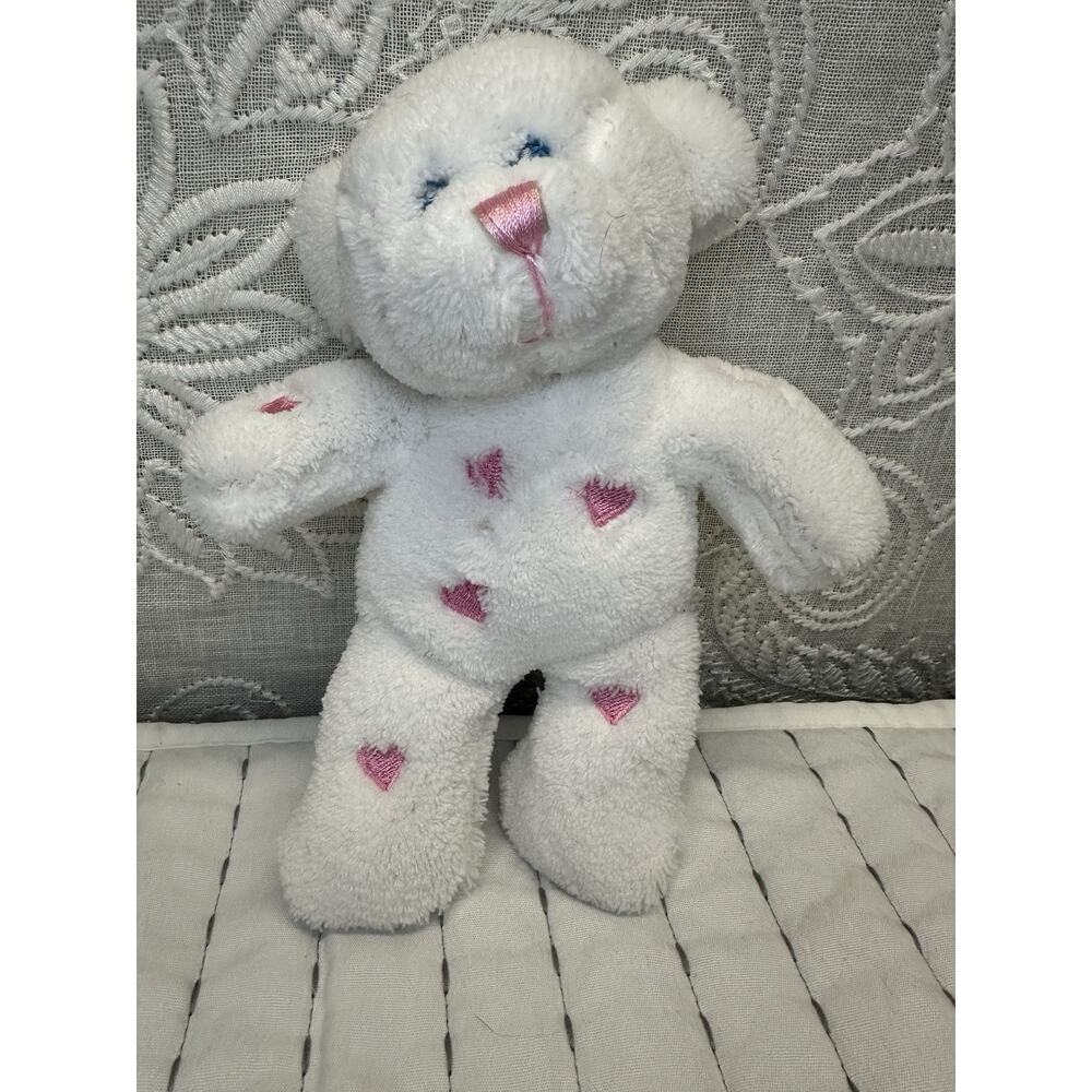 Vintage MTY Teddy Bear White Rattle Pink Heart 7” Plush Stuffed Baby Toy